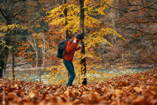 woman in a sweater jeans and with a hat on her head landscape fallen leaves model