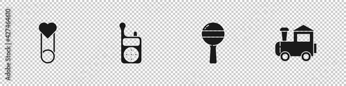 Set Baby clothes pin, Monitor Walkie Talkie, Rattle baby toy and Toy train icon. Vector