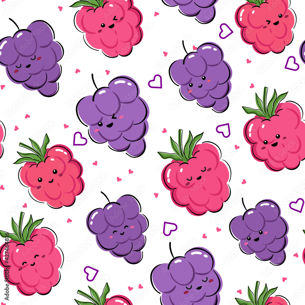 Seamless pattern with kawaii fruit drawing. Kids friendly pattern design with cute raspberry and grape Seamless pattern with kawaii fruit drawing. Kids friendly pattern design with cute raspberry and grape
