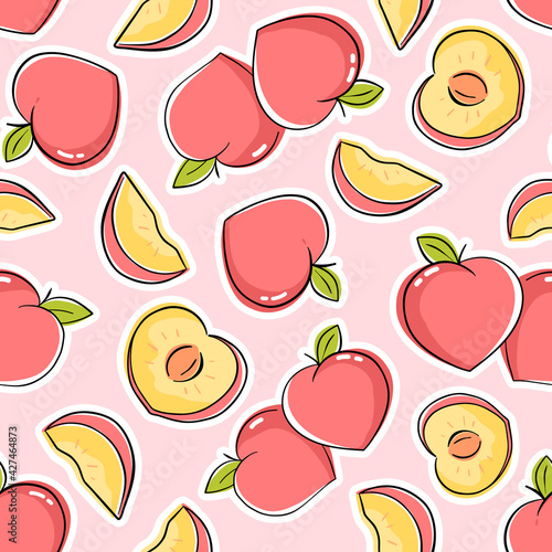 Seamless pattern with peach fruit and sliced peaches. Repeat design with stylied fruit drawing