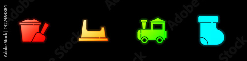 Set Sand in bucket with shovel, Baby potty, Toy train and socks clothes icon. Vector