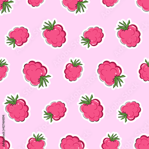 Seamless pattern with raspberry. Repeat design with stylied drawing of berries on pink background photo