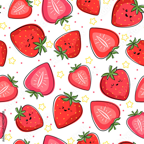 Seamless pattern with kawaii fruit drawing. Kids friendly pattern design with cute strawberries characters and slices of strawberry fruit.