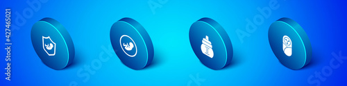 Set Isometric Baby on shield, bottle, Newborn baby infant swaddled and icon. Vector