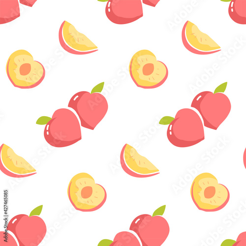 Seamless pattern with peach fruit and sliced peaches. Repeat design with stylied fruit drawing