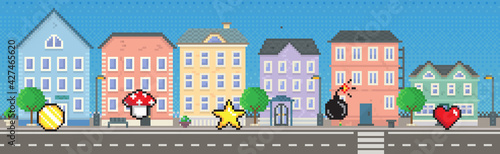 Signs and symbols of items collected during game against background of downtown landscape