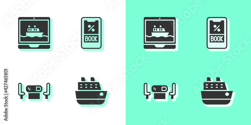 Set Cruise ship, , Poker table and ticket icon. Vector