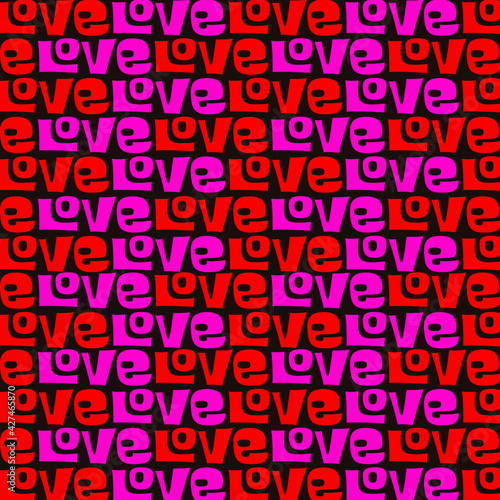 Repeating LOVE text in red and pink over dark background. Social media background or web background.