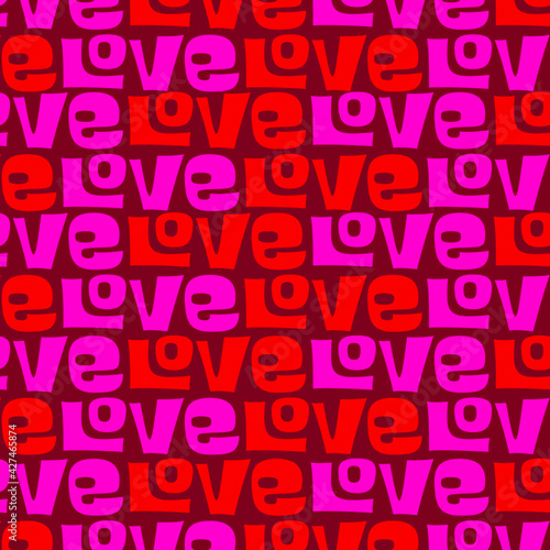 Repeating LOVE text in red and pink over purple background. Social media background or web background.