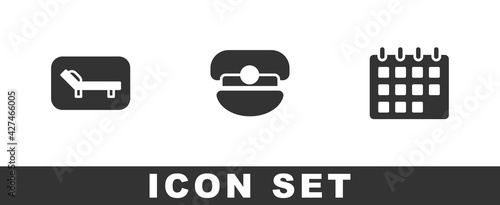 Set Sunbed and umbrella, Captain hat and Calendar icon. Vector