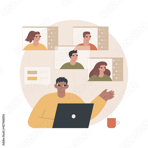 Webinar abstract concept vector illustration. Web seminars and webcasts, peer level meetings, online education, collaborative services, internet event, video call, writing notes abstract metaphor.