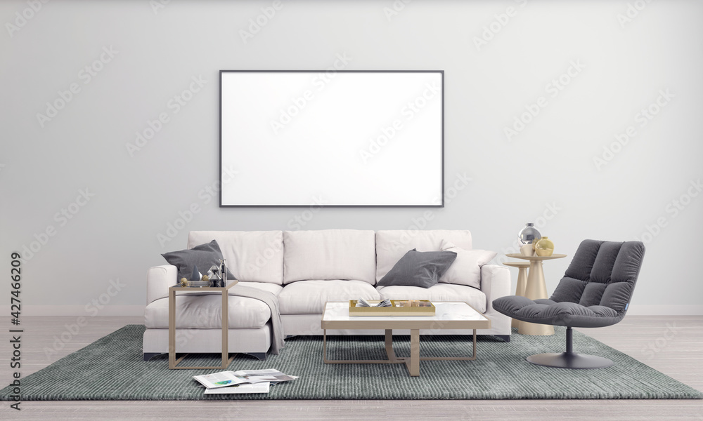 Realistic Mockup 3D Rendered Interior of Modern Living Room with Sofa - Couch and Table