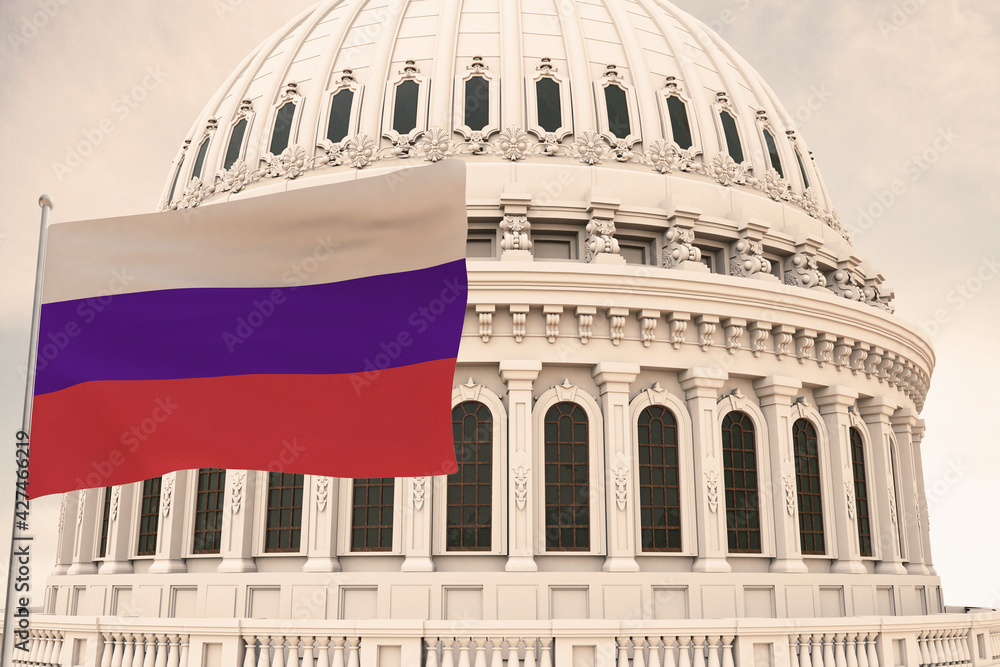 Beautiful flag of Russia waving with the strong wind and behind it the dome of the Capitol USA 3D RENDER, 3D RENDERING..