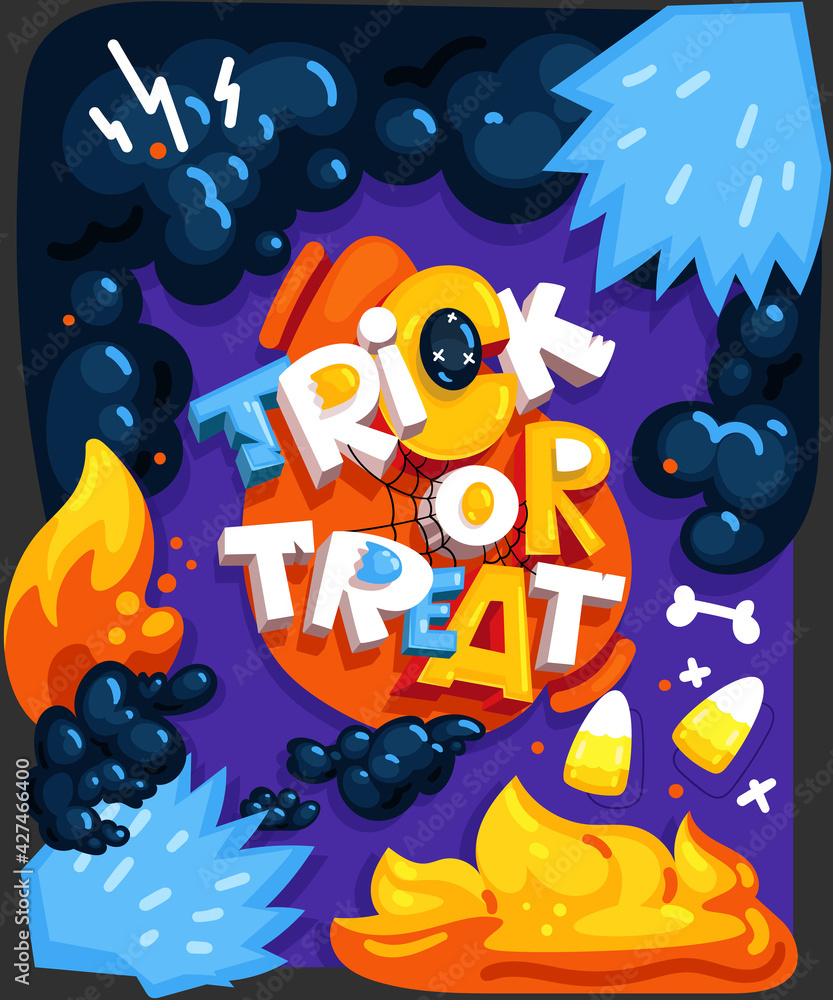 Cartoon trick or treat inscription on the smoke and fire background. Halloween kids vector color illustration Cartoon trick or treat inscription on the smoke and fire background. Halloween kids vector color illustration
