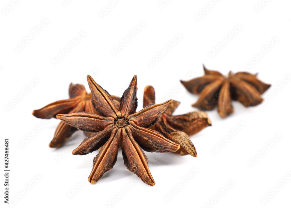 Dried star anise, upper side, on white background. Dried star anise, upper side, on white background.