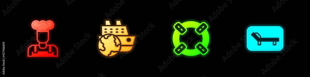 Set Cook, Cruise ship, Lifebuoy and Sunbed and umbrella icon. Vector Set Cook, Cruise ship, Lifebuoy and Sunbed and umbrella icon. Vector