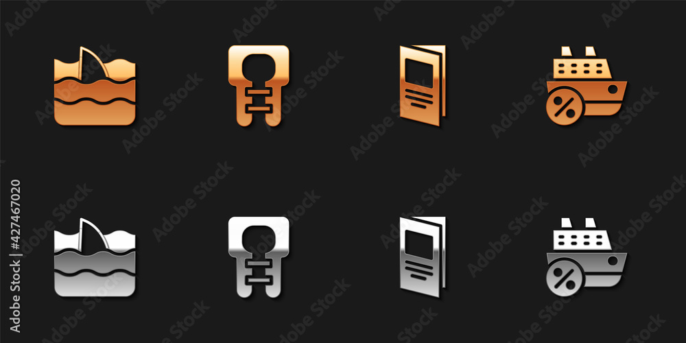 Set Shark fin in ocean wave, Life jacket, Brochure and Cruise ship icon. Vector Set Shark fin in ocean wave, Life jacket, Brochure and Cruise ship icon. Vector