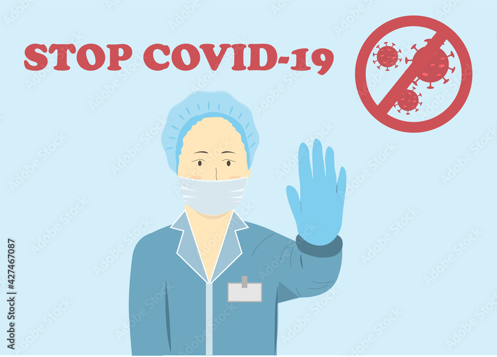 A medic shows sign stop by her hand, stop virus concept flat vector illustration