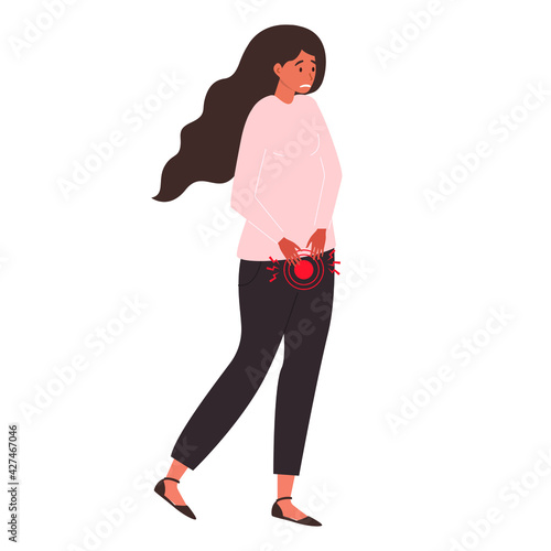 Flat vector illustration of a woman feeling severe pain in the lower abdomen. Pain during menstruation, as well as due to various diseases of the reproductive system. White background