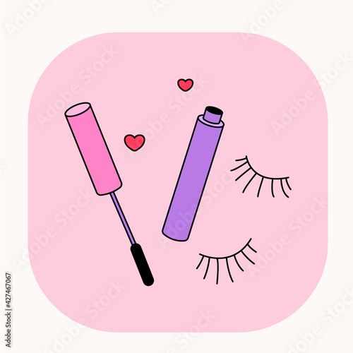 Doodle eyelashes mascara illustration. Cute cartoon beauty cosmetic icon with pink background.