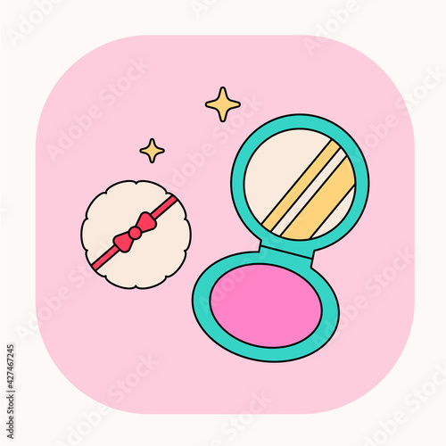 Doodle blush and face powder puff illustration. Cute cartoon beauty cosmetic icon with pink background.