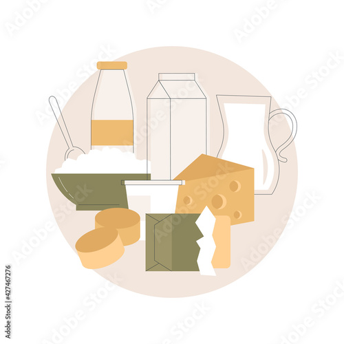 Dairy products abstract concept vector illustration. Milk based nutrition, dairy products production, fermented milk, domestic animal, food processing, calcium content abstract metaphor.