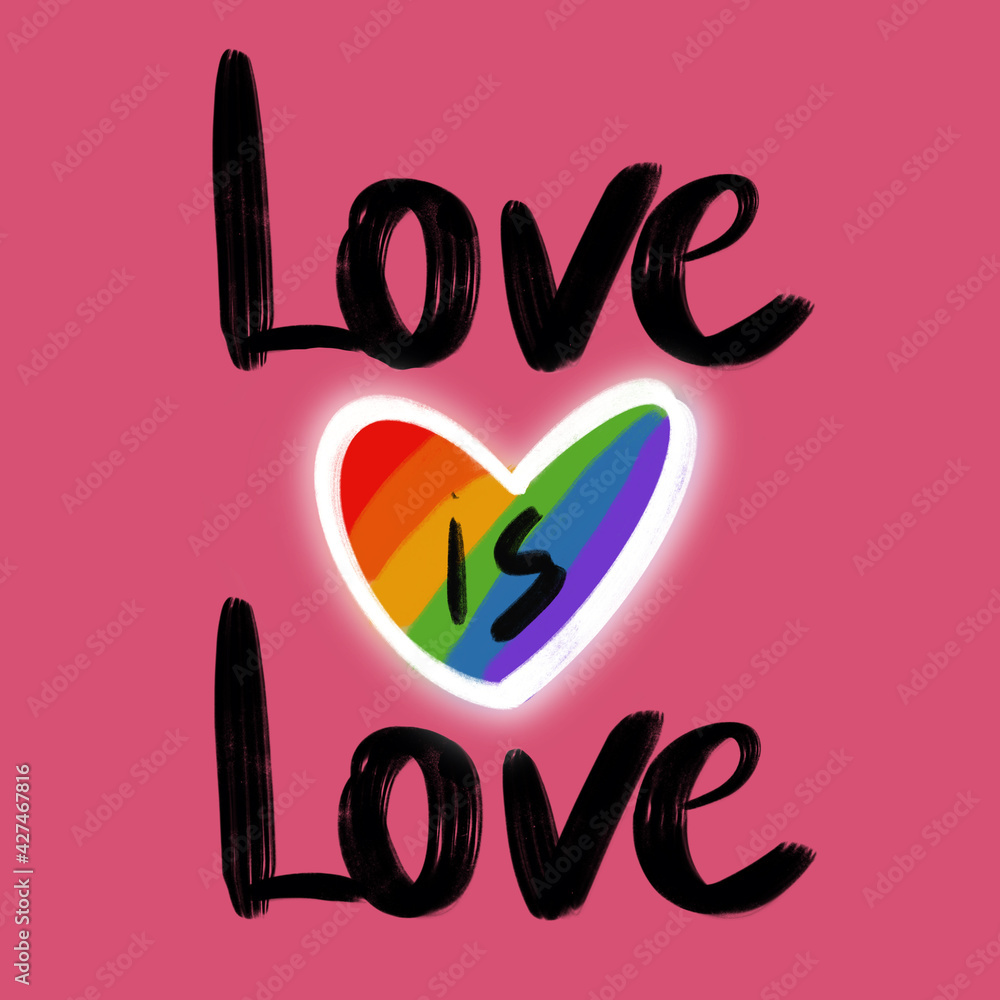 Pride poster or card for lgbt month, LGBT rainbow with black lettering on pink background Pride poster or card for lgbt month, LGBT rainbow with black lettering on pink background
