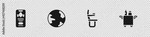 Set Mobile with ticket, Worldwide, Airplane seat and Trolley for food icon. Vector