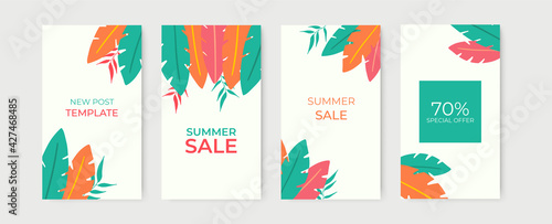 Geometric square summer frame with exotic flowers and palm leaf. Suit for post dan stories social media template. Vector illustration for summer and holiday design
