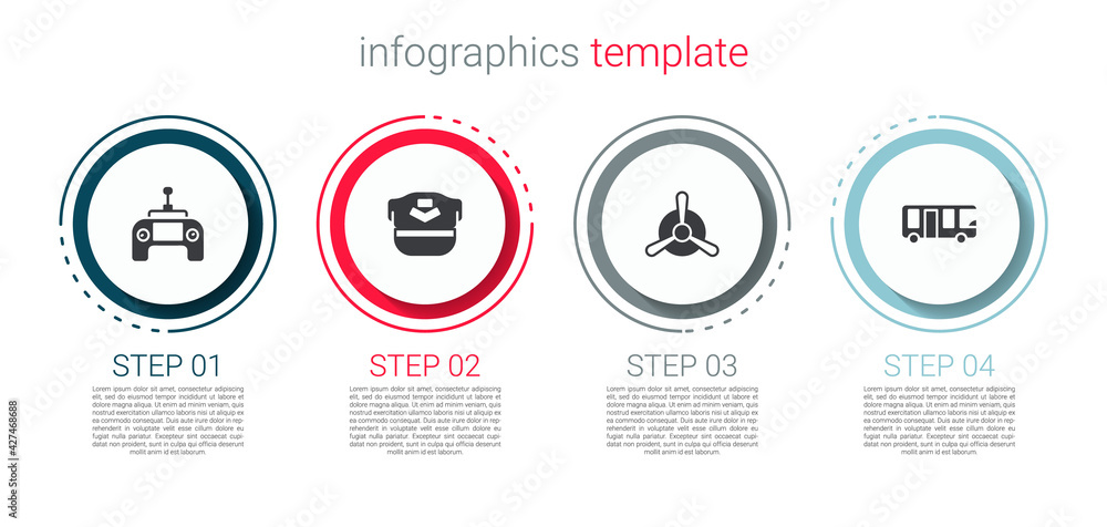 Set Drone remote control, Pilot hat, Plane propeller and Airport bus. Business infographic template. Vector Set Drone remote control, Pilot hat, Plane propeller and Airport bus. Business infographic template. Vector