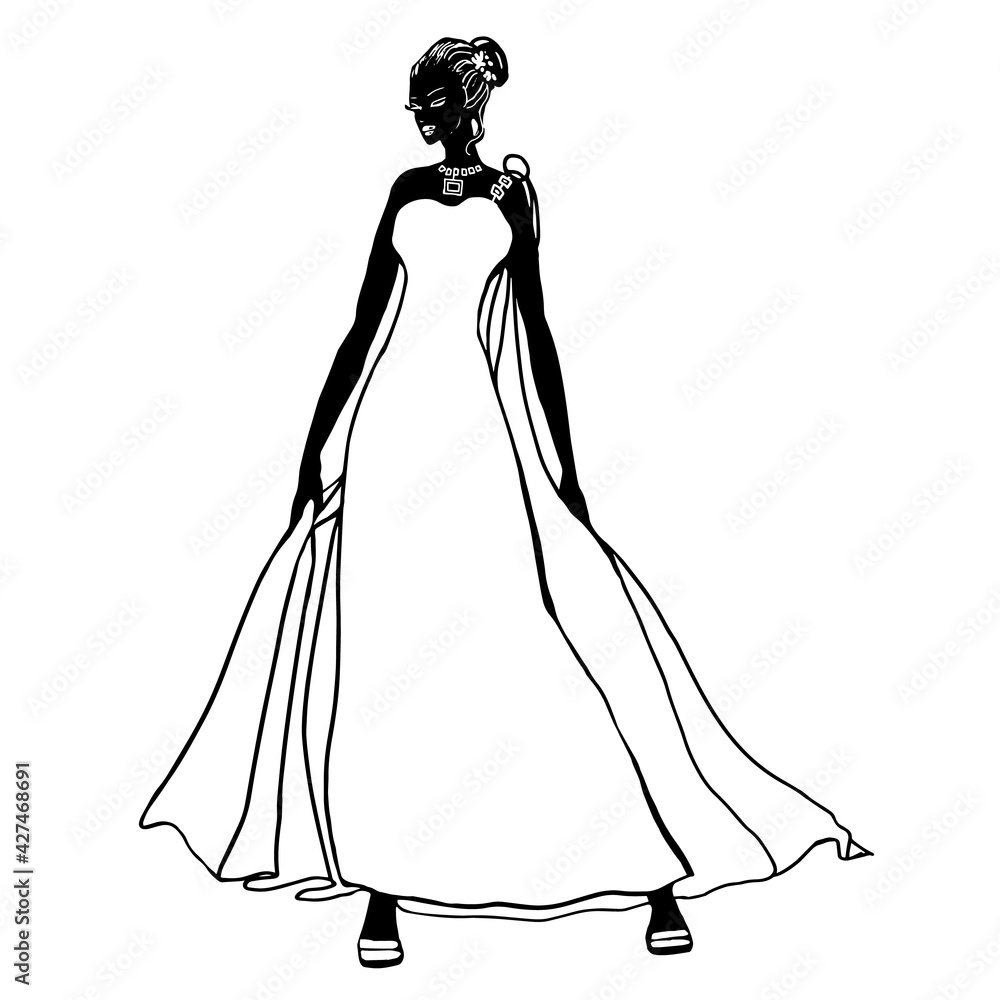 Fashion hand drawn illustration. Vector sketch. Long dress. Bride. Fashion hand drawn illustration. Vector sketch. Long dress. Bride.