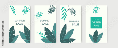 Geometric square summer frame with exotic flowers and palm leaf. Suit for post dan stories social media template. Vector illustration for summer and holiday design