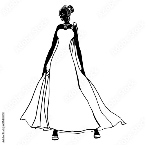 Fashion hand drawn illustration. Vector sketch. Long dress. Bride.