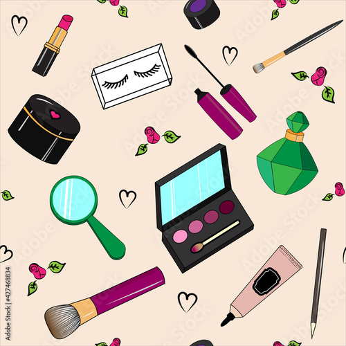Seamless color pattern with make up artist objects lipstick, perfumes, eye shadows, brushes, mascara, powder, eyeliner. Hand drawn beauty background. Cosmetics products icons