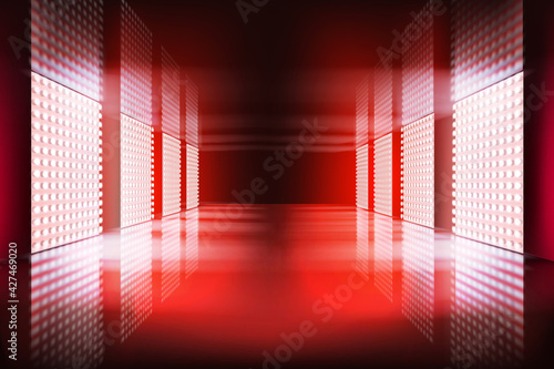 Lights on the stage. Glowing screens in an empty room interior. Show in a television studio. Red abstract background. Vector illustration.