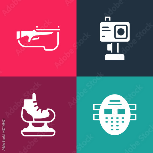 Set pop art Hockey mask, Skates, Action camera and Biathlon rifle icon. Vector