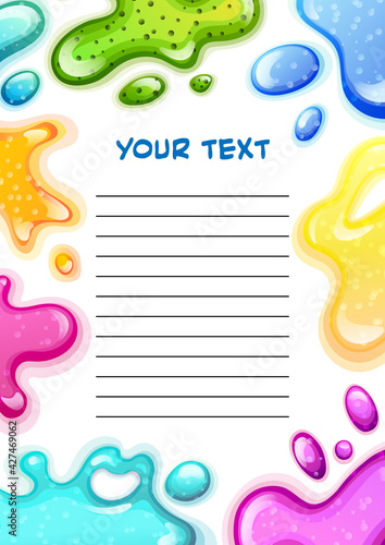 Colorful background frame with slime splashes, with copy space for text, children kids page vector