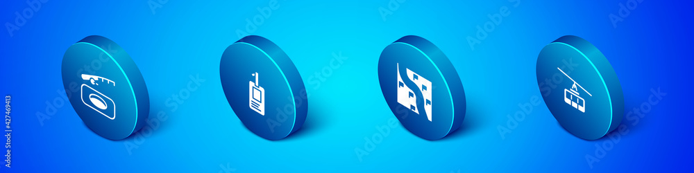 Set Isometric Winter fishing, Route location, Cable car and Identification badge icon. Vector Set Isometric Winter fishing, Route location, Cable car and Identification badge icon. Vector