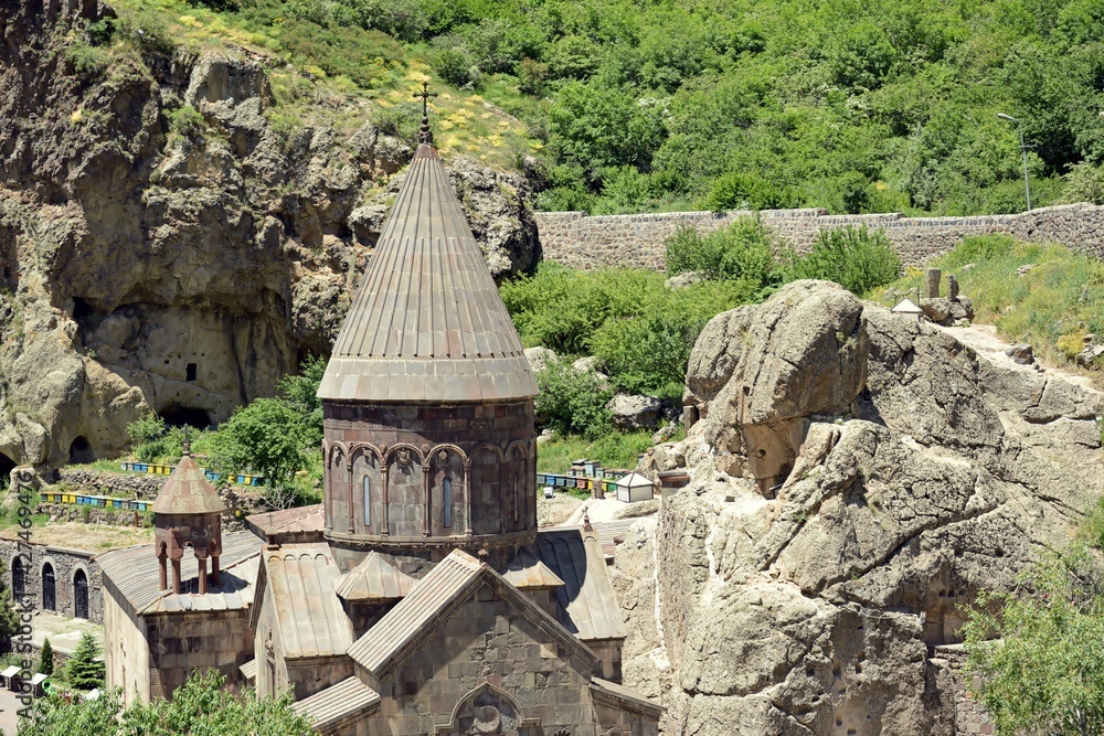 ARMENIA-Geghard Monastery is an exceptional architectural construction partially carved into the rock of an adjacent mountain.