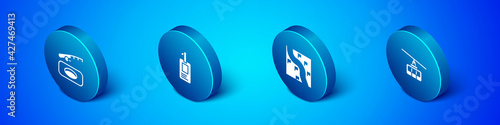 Set Isometric Winter fishing, Route location, Cable car and Identification badge icon. Vector