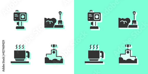 Set Award winner podium, Action camera, Hot chocolate cup and Shovel snowdrift icon. Vector