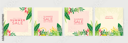 Collection of abstract background designs - summer sale, social media promotional content. Template with summer and spring floral, leaves, and abstract shape. Vector illustration
