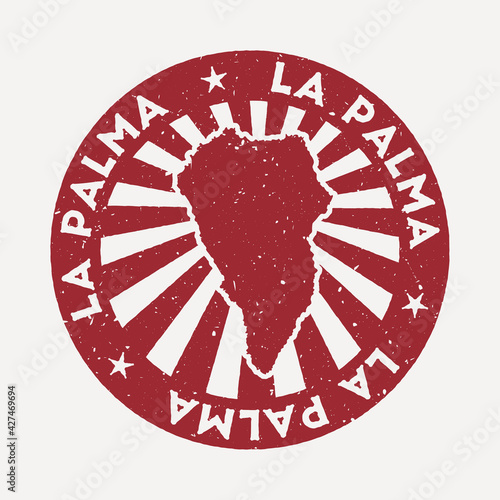 La Palma stamp. Travel red rubber stamp with the map of the island, vector illustration. Can be used as insignia, logotype, label, sticker or badge of La Palma.