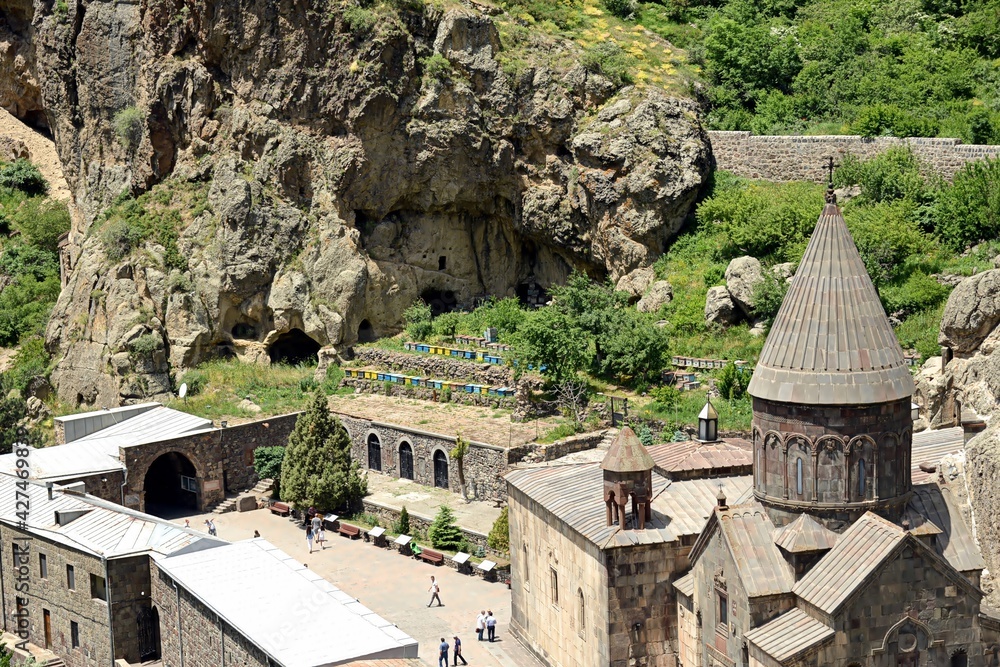ARMENIA-Geghard Monastery is an exceptional architectural construction partially carved into the rock of an adjacent mountain.