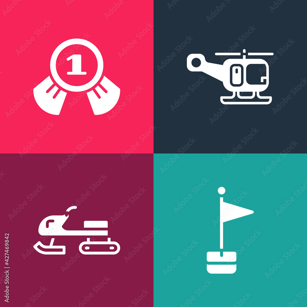 Set pop art Location marker, Snowmobile, Rescue helicopter and Medal icon. Vector Set pop art Location marker, Snowmobile, Rescue helicopter and Medal icon. Vector