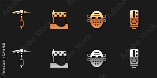 Set Ice axe, Ribbon in finishing line, Hockey mask and Meteorology thermometer icon. Vector