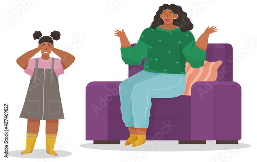 Parent adolescent conflict concept in flat design. Mother scolds daughter teeneger, young tartar