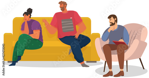 Family relationship problems. Conversation between man, woman and male psychologist, upset girl