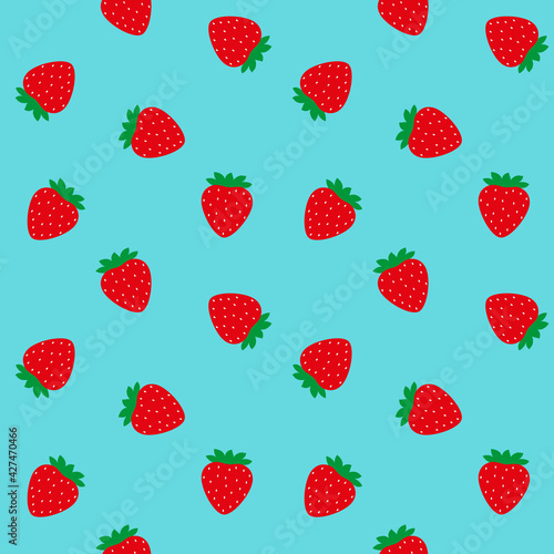 Red strawberries with green leaves on blue background, seamless pattern 