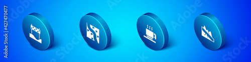 Set Isometric Ribbon in finishing line, Hot chocolate cup, Mountain descent and Route location icon. Vector